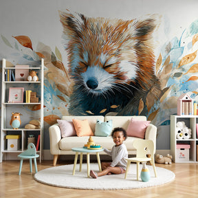 Red panda mural wallpaper creating peaceful nursery atmosphere with sleeping baby panda design by Kids-Mundo