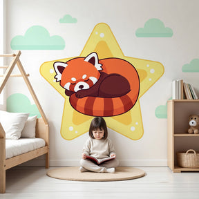 Red panda sleeping on star mural wallpaper in cozy children's nursery by Kids-Mundo