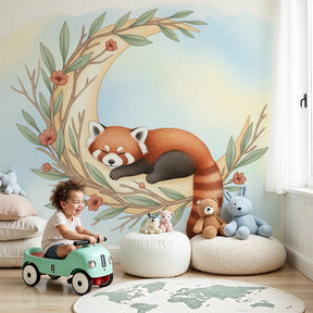 Red panda mural wallpaper in peaceful nursery setting with wooden crib by Kids-Mundo