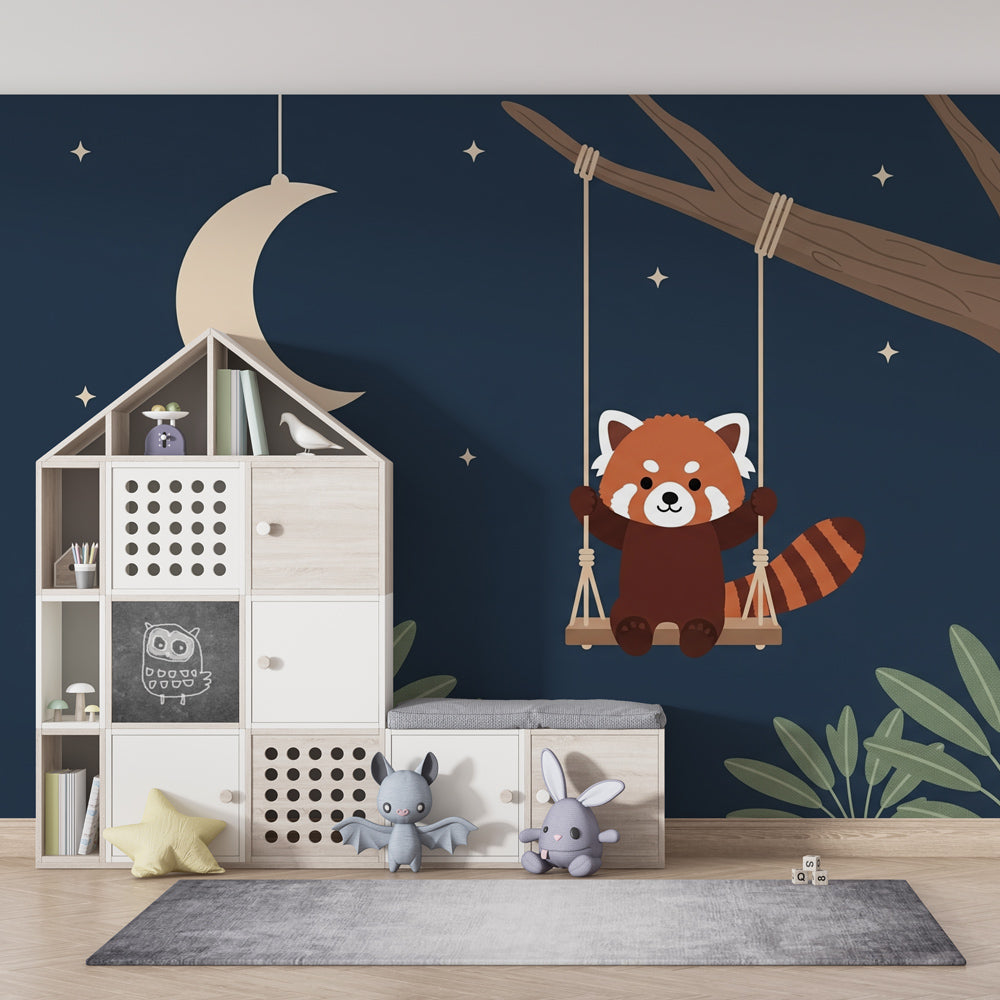 Animal themed nursery with red panda and stars mural wallpaper creating magical atmosphere