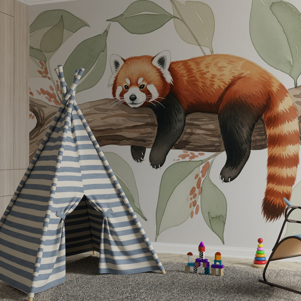 Red panda mural wallpaper with tropical foliage for serene nursery decor by Kids-Mundo