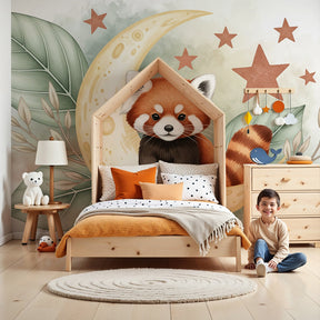 Red panda moon mural wallpaper creating magical nursery decor by Kids-Mundo