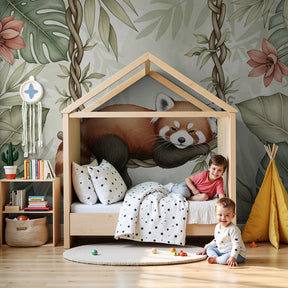 Red panda mural wallpaper creating peaceful nursery decor with sleeping panda on swing by Kids-Mundo