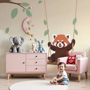 Red panda swinging mural wallpaper in cozy nursery with natural wood crib by Kids-Mundo