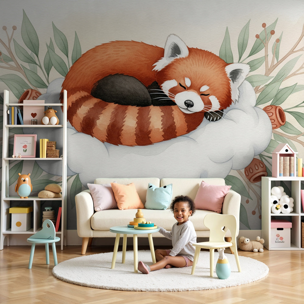 Red panda cloud mural wallpaper in peaceful nursery setting with natural wood furniture by Kids-Mundo