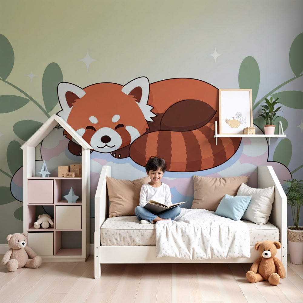 Red panda cloud mural wallpaper creating peaceful nursery atmosphere by Kids-Mundo
