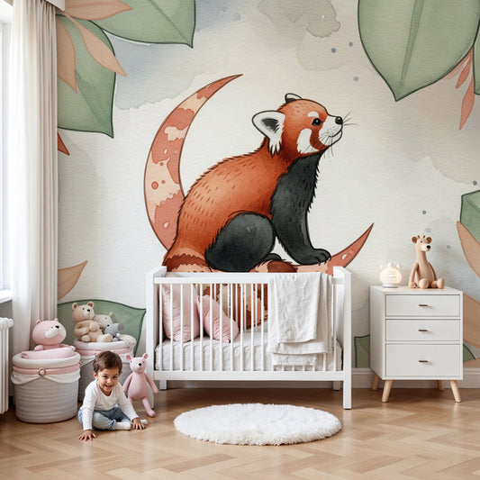 Red panda mural wallpaper in cozy nursery with natural wood furniture by Kids-Mundo
