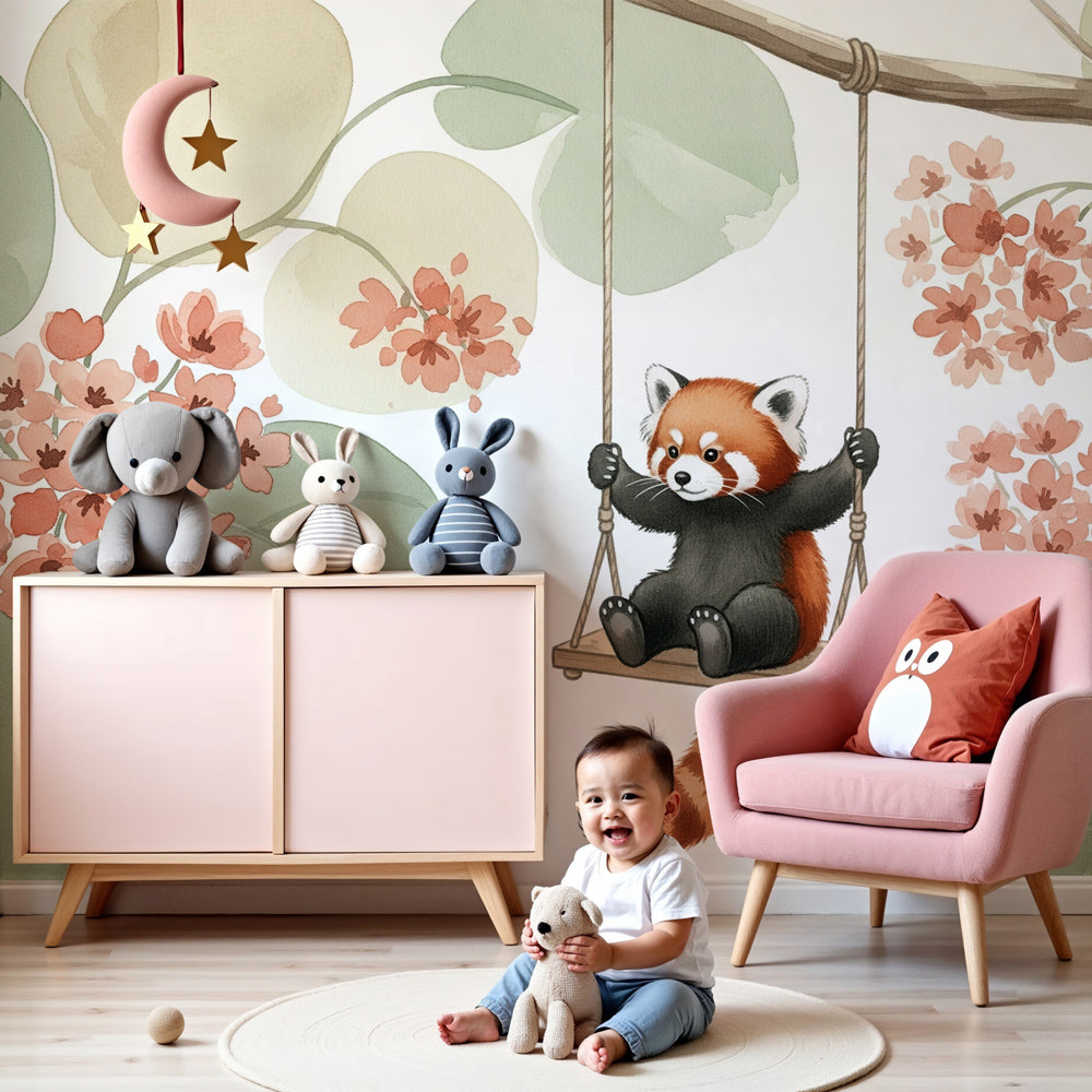 Red panda garden swing mural wallpaper in modern nursery room by Kids-Mundo