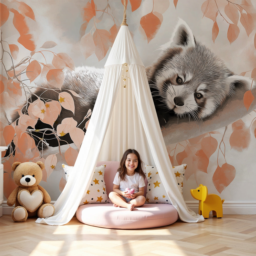 Red panda mural wallpaper creating peaceful nursery atmosphere with natural wood furniture by Kids-Mundo