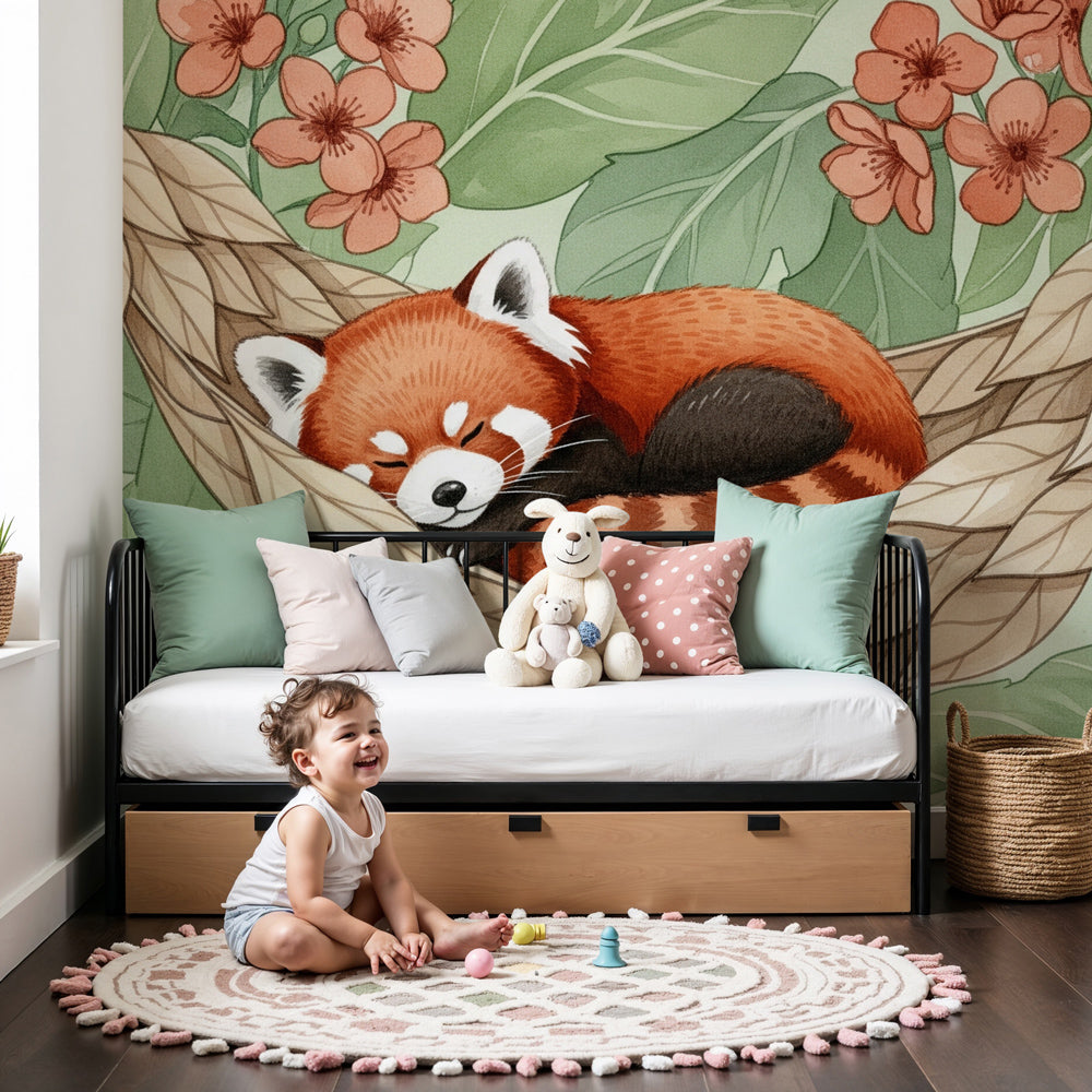 Red panda mural wallpaper creating peaceful nursery atmosphere with sleeping animal design by Kids-Mundo