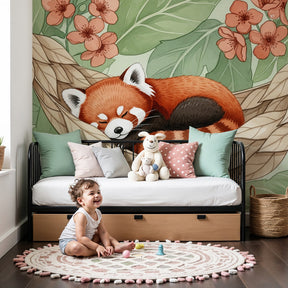 Red panda mural wallpaper creating peaceful nursery atmosphere with sleeping animal design by Kids-Mundo