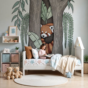 Red panda mural wallpaper in cozy nursery setting with wooden crib by Kids-Mundo