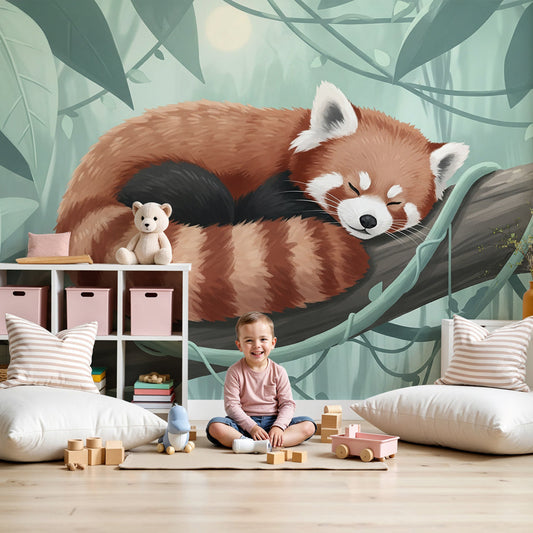 Red panda jungle mural wallpaper creating peaceful nursery atmosphere by Kids-Mundo