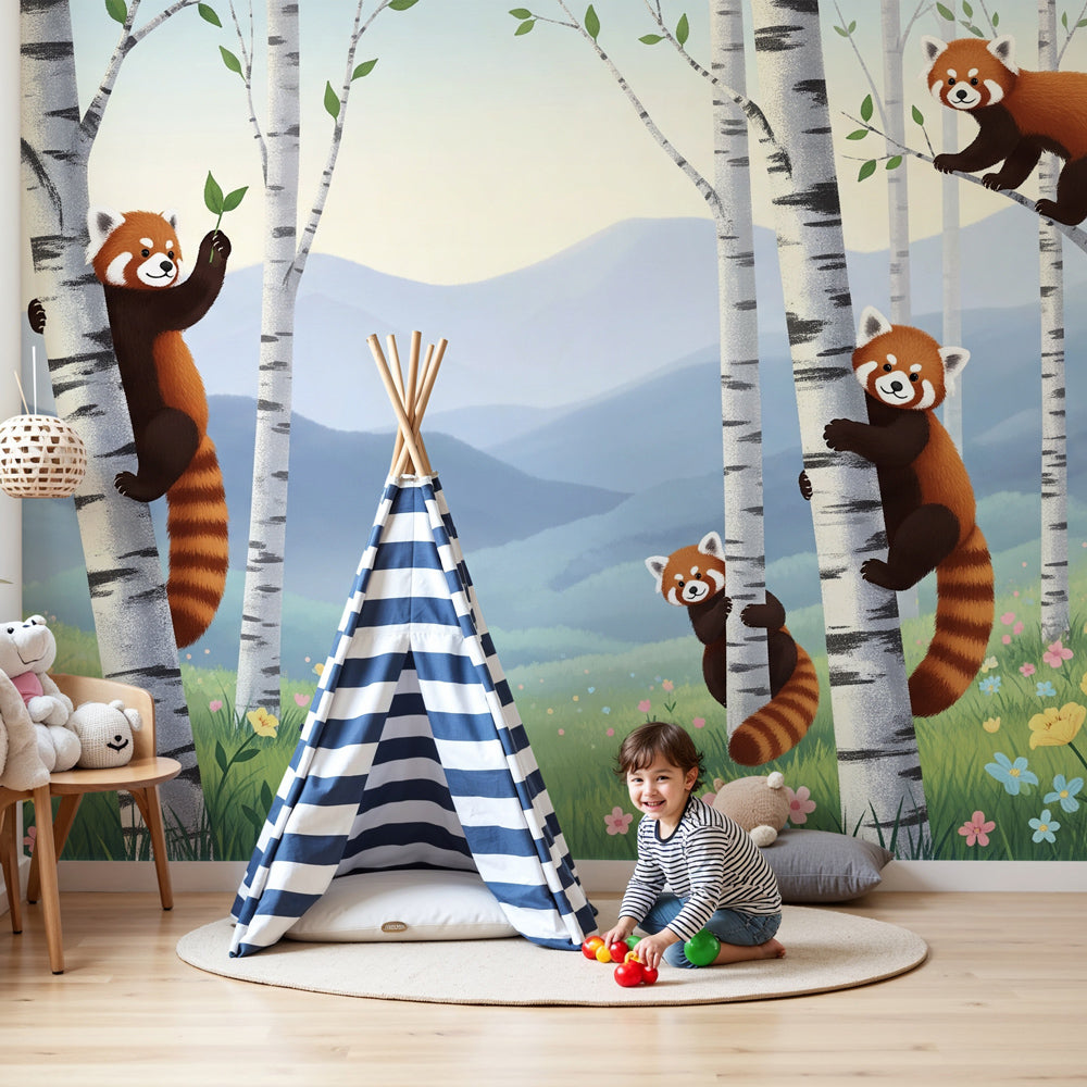 Red panda mural wallpaper creating enchanted forest nursery decor by Kids-Mundo