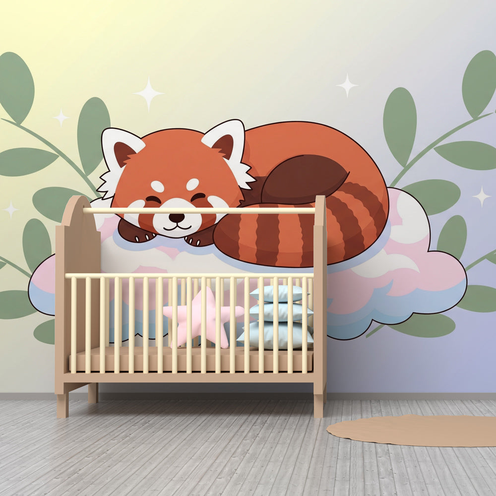 Soft pink and blue red panda mural wallpaper transforming children's room decor