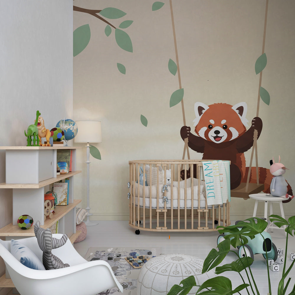 Forest animal mural wallpaper featuring red panda on swing for kids room by Kids-Mundo