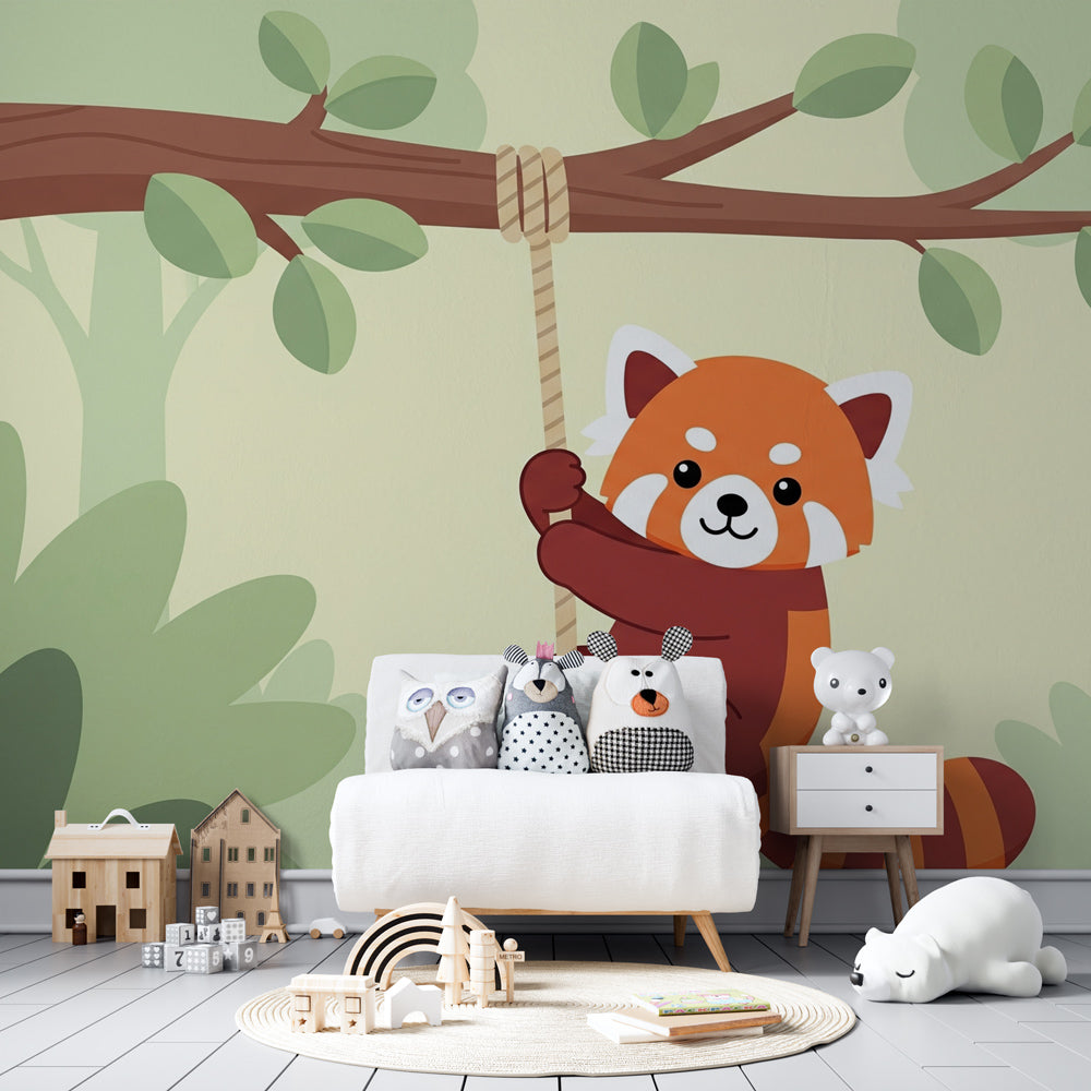 Jungle-themed red panda mural wallpaper transforming kids playroom into nature sanctuary