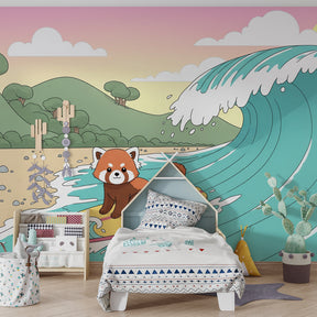 Ocean adventure red panda mural wallpaper transforming colorful children's playroom space