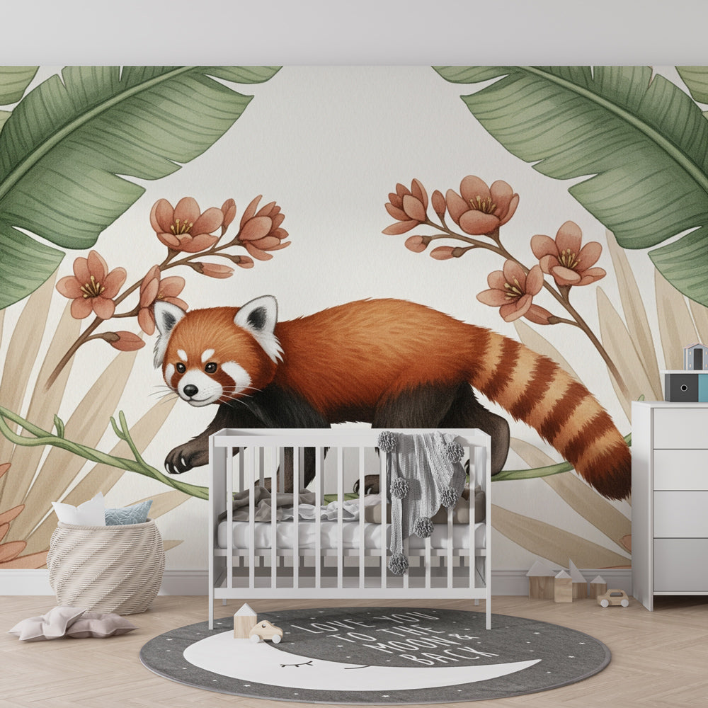 Jungle animal mural wallpaper with red panda in colorful kids playroom setting