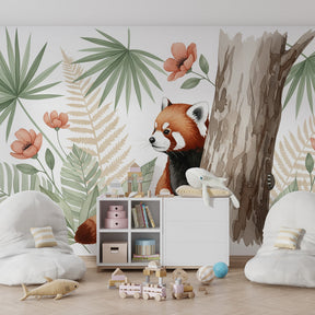 Jungle themed red panda mural wallpaper transforming playroom into wildlife sanctuary