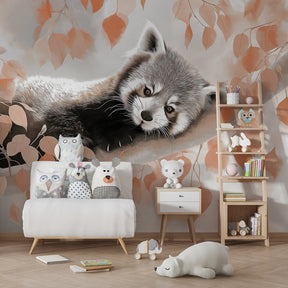 Forest animal wallpaper with red panda creating warm educational play space for kids