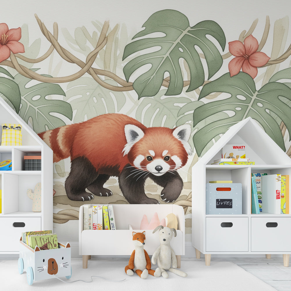Jungle animal mural wallpaper featuring red panda in colorful children's playroom setting