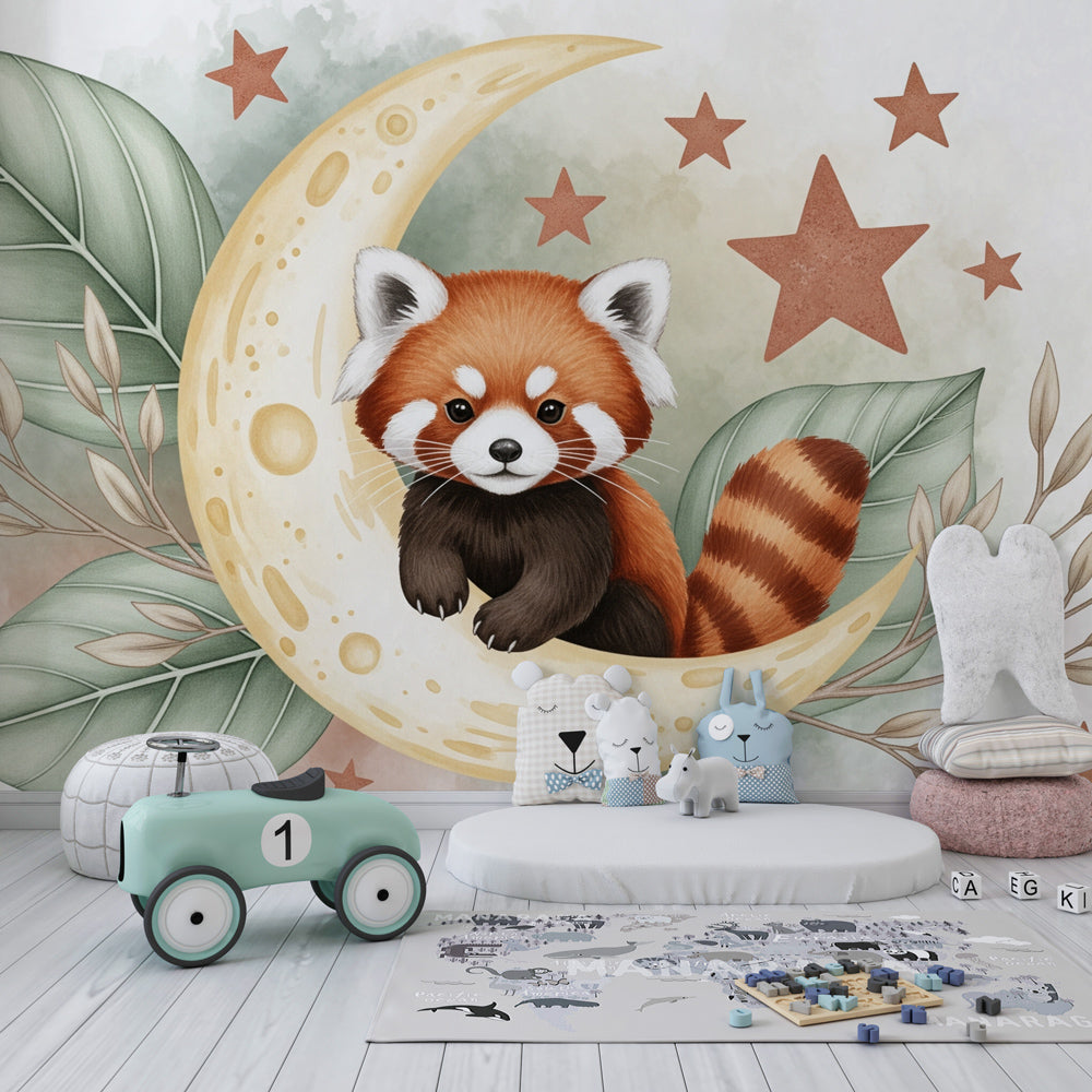 Red panda celestial mural wallpaper transforming kids playroom into magical space