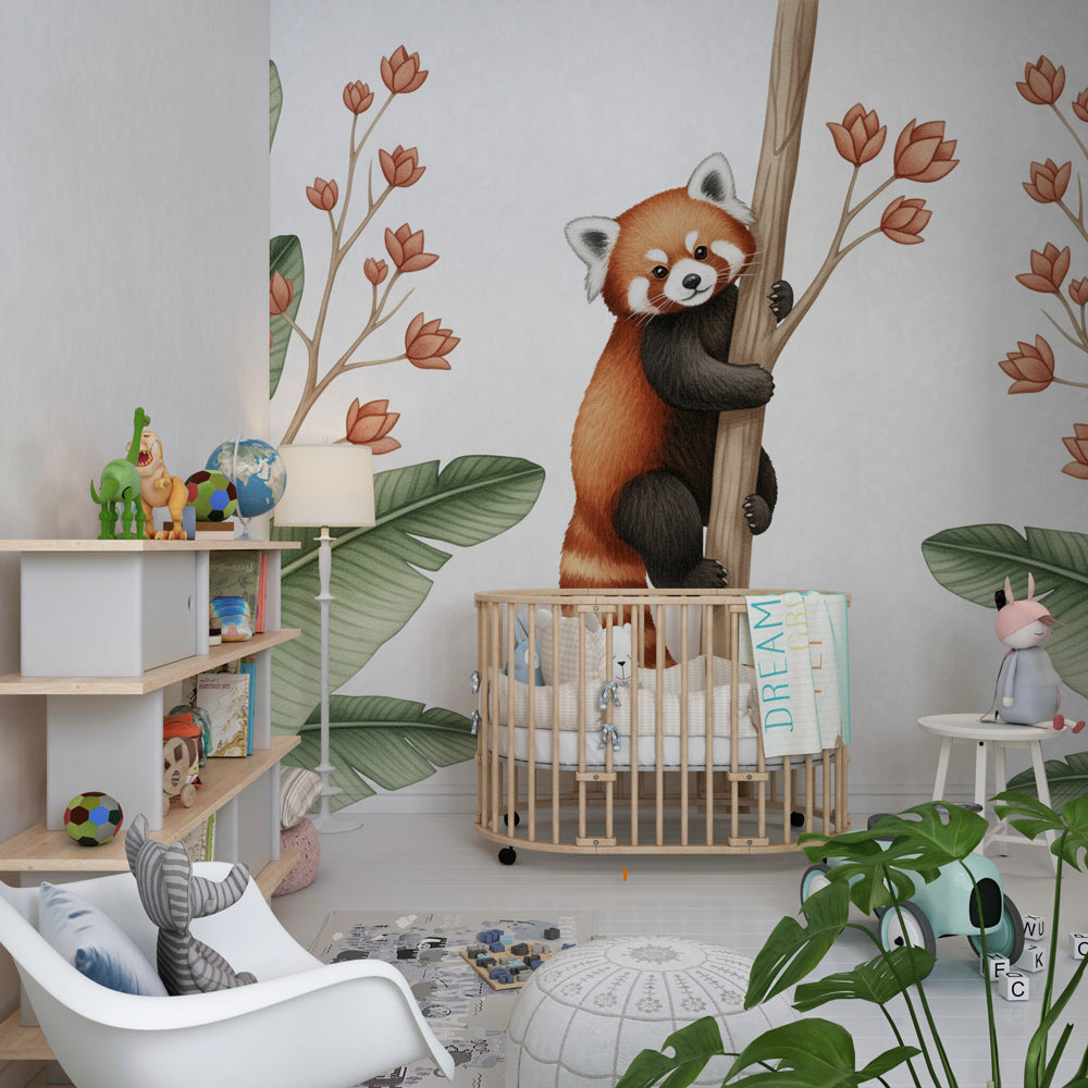 Nature-themed red panda wallpaper creating adventure atmosphere in kids playroom