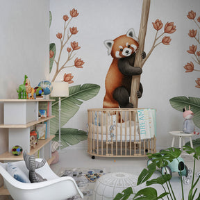 Nature-themed red panda wallpaper creating adventure atmosphere in kids playroom