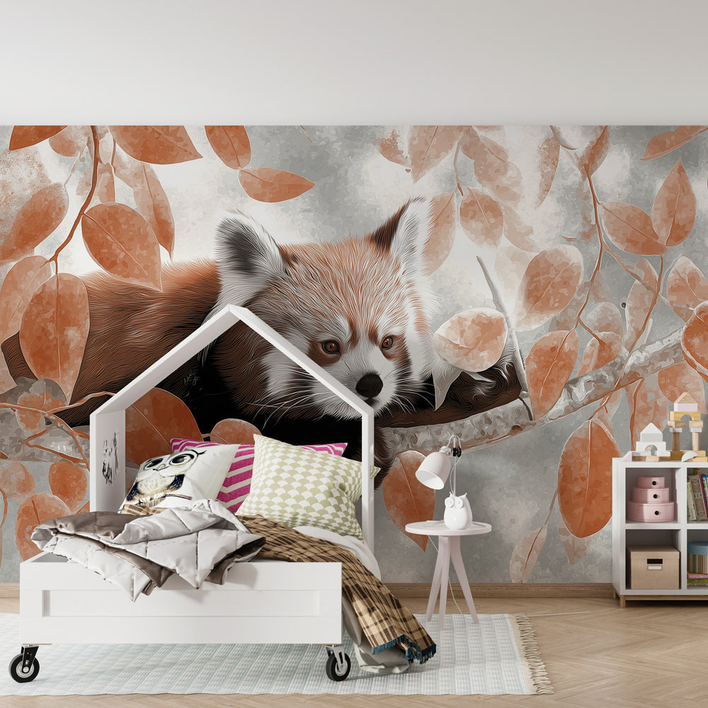 Red panda branch wallpaper creating cozy reading corner in children's playroom by Kids-Mundo