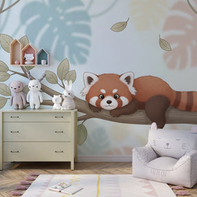 Nature-themed red panda wallpaper for children's playroom with educational wildlife design