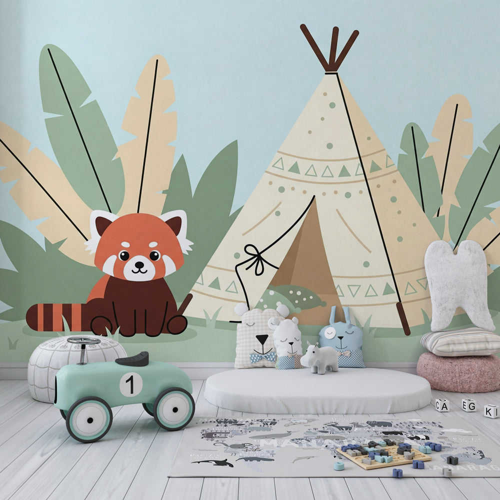 Whimsical red panda and tipi mural wallpaper transforming kids playroom into adventure space