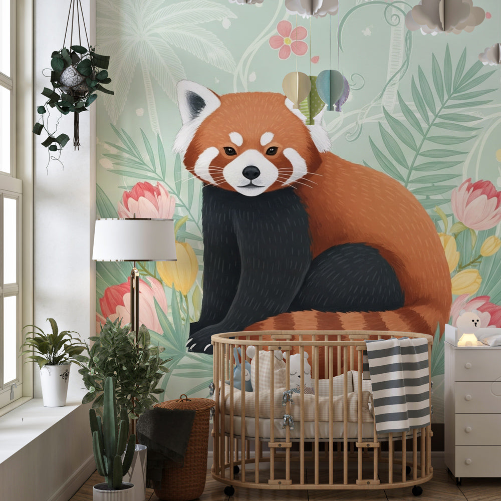 Jungle animal mural wallpaper with red panda transforming kids playroom space