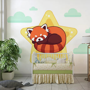 Children's red panda mural wallpaper with star and clouds in bright playroom setting
