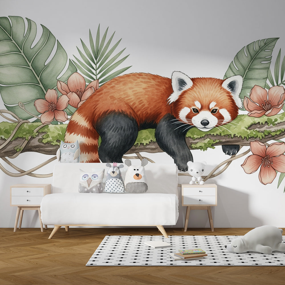 Nature-inspired red panda mural wallpaper transforming kids playroom into jungle paradise