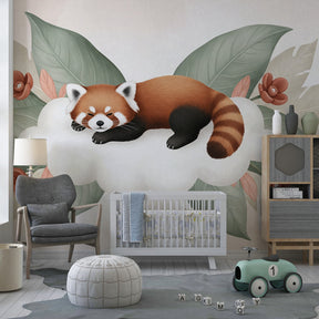 Sleeping red panda on cloud mural wallpaper creating serene nursery atmosphere