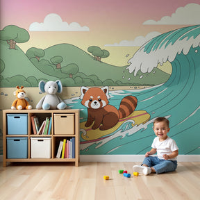 Red panda surfing mural wallpaper in bright children's nursery with ocean theme by Kids-Mundo