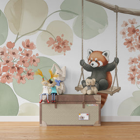 Whimsical red panda wallpaper creating peaceful atmosphere in children's bedroom