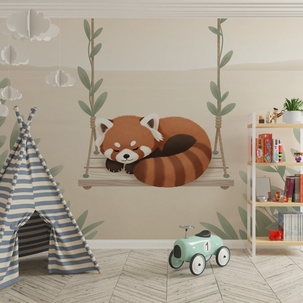 Peaceful red panda swing wallpaper in cozy children's bedroom with soft neutral decor