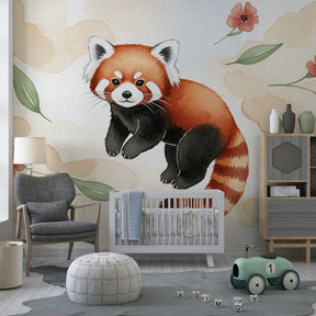 Playful red panda wallpaper creating cozy toddler bedroom atmosphere with pastel decor