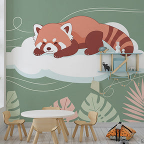 Dreamy red panda mural wallpaper with tropical leaves for toddler room decor