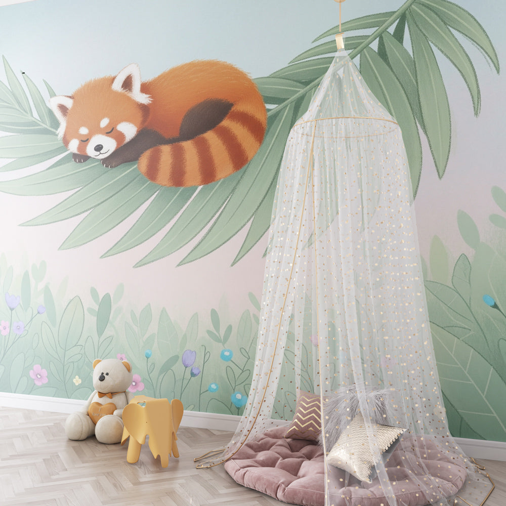 Nature-themed red panda mural wallpaper transforming toddler room into serene forest retreat