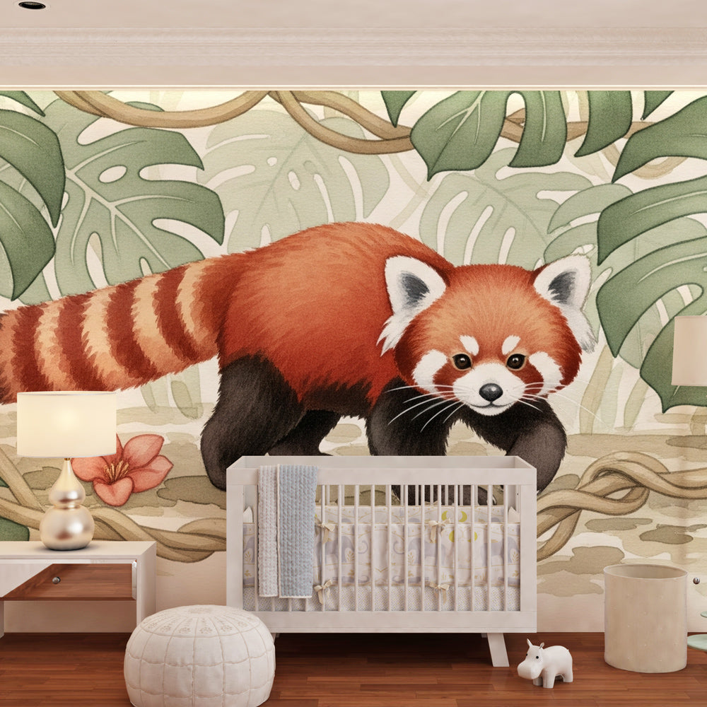Tropical red panda wallpaper creating adventure-themed kids bedroom with monstera leaf design