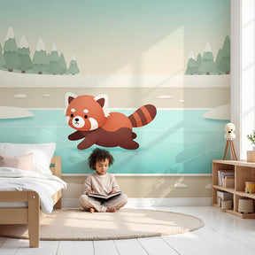 Red panda winter lake mural wallpaper in cozy nursery room by Kids-Mundo