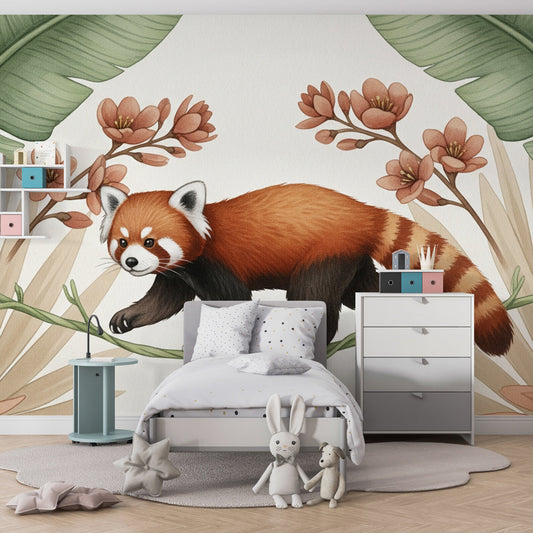 Kids-Mundo red panda banana leaf wall mural featured behind a bed in a bedroom