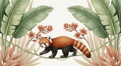 Flat artwork preview of the Kids-Mundo red panda walking through banana leaves mural