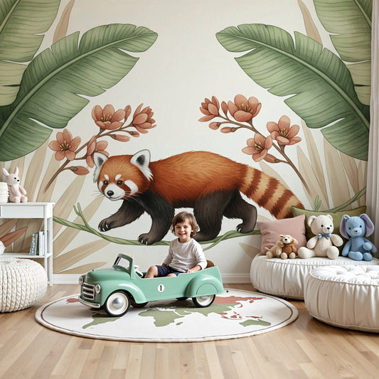 Kids-Mundo red panda vine wall mural shown centred on a wall in a nursery