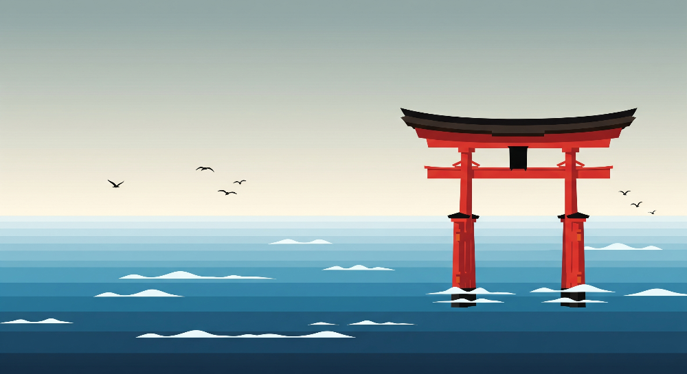 Kids-Mundo flat artwork of a red torii gate standing in a tranquil sunset sea.
