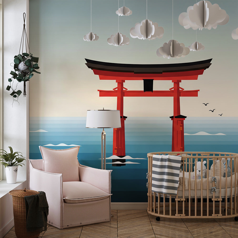 Kids-Mundo red torii gate sea wall mural styled in a bright children's playroom.