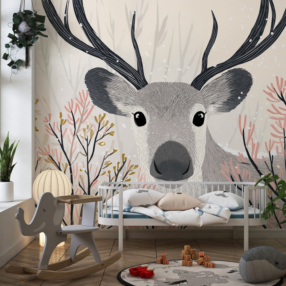 Gentle reindeer wallpaper in modern children's bedroom with natural wood furniture and winter forest theme